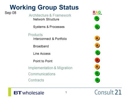 1 1 Working Group Status RAGRAG Sep 08 Architecture & Framework Network Structure Systems & Processes Products Interconnect & Portfolio Broadband Line.