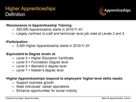 Championing Higher Apprenticeships Higher Apprenticeships Definition National Apprenticeship Service Renaissance in Apprenticeship Training: –500,000 Apprenticeship.