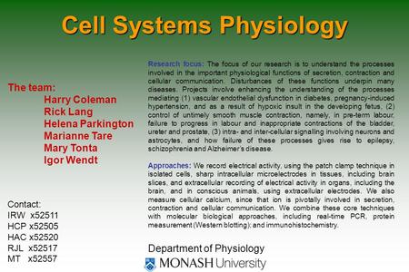 Cell Systems Physiology The team: Harry Coleman Rick Lang Helena Parkington Marianne Tare Mary Tonta Igor Wendt Department of Physiology Research focus: