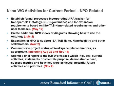 1 Nano WG Activities for Current Period – NPO Related Establish formal processes incorporating JIRA tracker for Nanoparticle Ontology (NPO) governance.