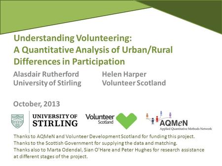 Understanding Volunteering: A Quantitative Analysis of Urban/Rural Differences in Participation Alasdair RutherfordHelen Harper University of StirlingVolunteer.