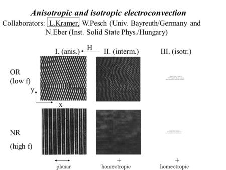 Anisotropic and isotropic electroconvection Collaborators: L.Kramer, W.Pesch (Univ. Bayreuth/Germany and N.Eber (Inst. Solid State Phys./Hungary) OR (low.