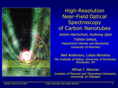 CEAC06, Zürich 11.07.2006Achim Hartschuh, Nano-Optics München1 High-Resolution Near-Field Optical Spectroscopy of Carbon Nanotubes Achim Hartschuh, Huihong.