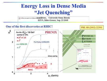 Axel Drees, University Stony Brook EINN, Milos Greece, Sep. 23 2005 Energy Loss in Dense Media “Jet Quenching” PHENIX PRL 88 (2002) 22301 One of the first.