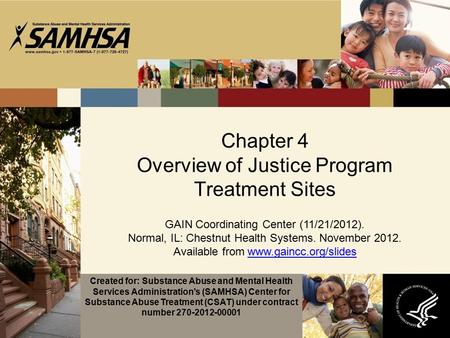 Chapter 4 Overview of Justice Program Treatment Sites GAIN Coordinating Center (11/21/2012). Normal, IL: Chestnut Health Systems. November 2012. Available.