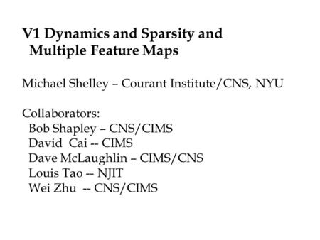 V1 Dynamics and Sparsity and Multiple Feature Maps Michael Shelley – Courant Institute/CNS, NYU Collaborators: Bob Shapley – CNS/CIMS David Cai -- CIMS.