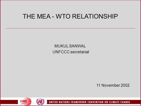 THE MEA - WTO RELATIONSHIP MUKUL SANWAL UNFCCC secretariat 11 November 2002.