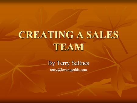 CREATING A SALES TEAM By Terry Saltnes