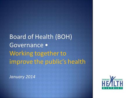 Board of Health (BOH) Governance Working together to improve the public’s health January 2014.