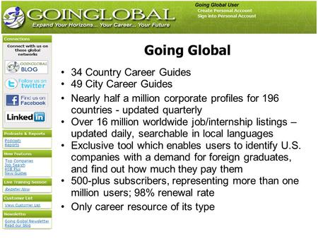Going Global 34 Country Career Guides 49 City Career Guides Nearly half a million corporate profiles for 196 countries - updated quarterly Over 16 million.