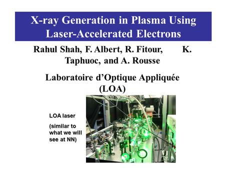 X-ray Generation in Plasma Using Laser-Accelerated Electrons Rahul Shah, F. Albert, R. Fitour, K. Taphuoc, and A. Rousse Laboratoire d’Optique Appliquée.