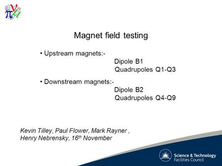 1 Magnet field testing Kevin Tilley, Paul Flower, Mark Rayner, Henry Nebrensky, 16 th November Upstream magnets:- Dipole B1 Quadrupoles Q1-Q3 Downstream.