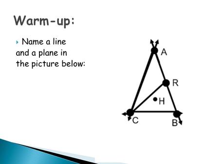  Name a line and a plane in the picture below:. LEQ: What are segments and rays and how are they named? What are parallel lines and planes?