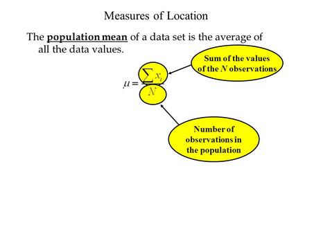 Number of observations in the population The population mean of a data set is the average of all the data values. Sum of the values of the N observations.
