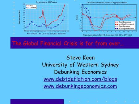 The Global Financial Crisis is far from over... Steve Keen University of Western Sydney Debunking Economics www.debtdeflation.com/blogs www.debunkingeconomics.com.