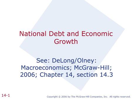 Copyright © 2006 by The McGraw-Hill Companies, Inc. All rights reserved. 14-1 National Debt and Economic Growth See: DeLong/Olney: Macroeconomics; McGraw-Hill;