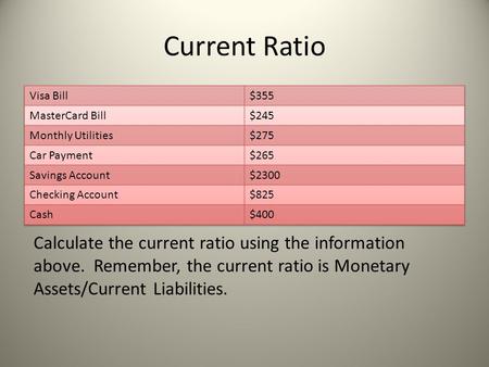 Current Ratio Calculate the current ratio using the information above. Remember, the current ratio is Monetary Assets/Current Liabilities.