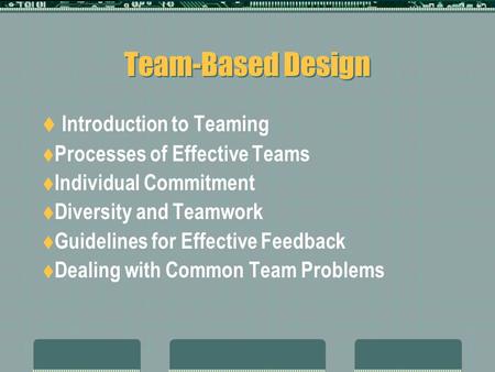 Team-Based Design  Introduction to Teaming  Processes of Effective Teams  Individual Commitment  Diversity and Teamwork  Guidelines for Effective.