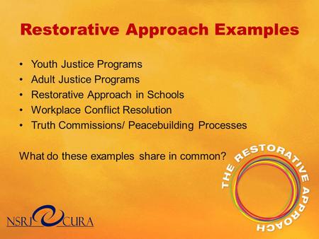 Restorative Approach Examples Youth Justice Programs Adult Justice Programs Restorative Approach in Schools Workplace Conflict Resolution Truth Commissions/