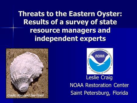 Threats to the Eastern Oyster: Results of a survey of state resource managers and independent experts Leslie Craig NOAA Restoration Center Saint Petersburg,