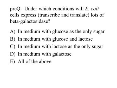 PreQ: Under which conditions will E. coli cells express (transcribe and translate) lots of beta-galactosidase? A)In medium with glucose as the only sugar.