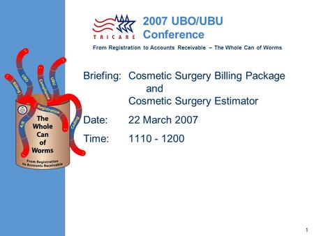 From Registration to Accounts Receivable – The Whole Can of Worms 2007 UBO/UBU Conference 1 Briefing:Cosmetic Surgery Billing Package and Cosmetic Surgery.