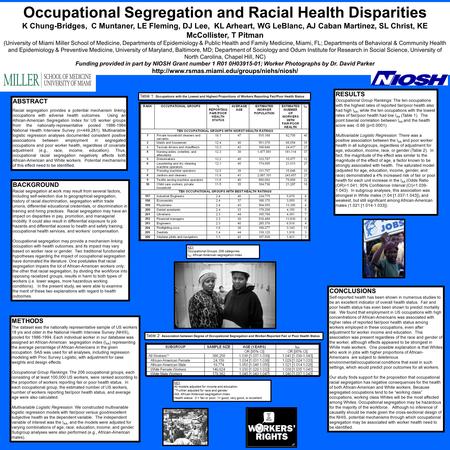 Occupational Segregation and Racial Health Disparities K Chung-Bridges, C Muntaner, LE Fleming, DJ Lee, KL Arheart, WG LeBlanc, AJ Caban Martinez, SL Christ,