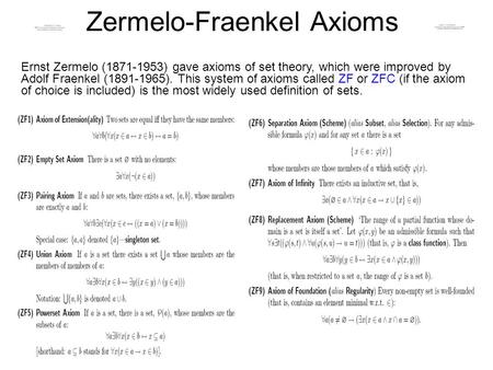 Zermelo-Fraenkel Axioms Ernst Zermelo (1871-1953) gave axioms of set theory, which were improved by Adolf Fraenkel (1891-1965). This system of axioms called.