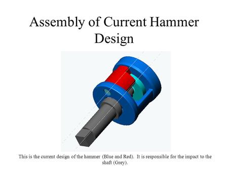 Assembly of Current Hammer Design This is the current design of the hammer (Blue and Red). It is responsible for the impact to the shaft (Grey).