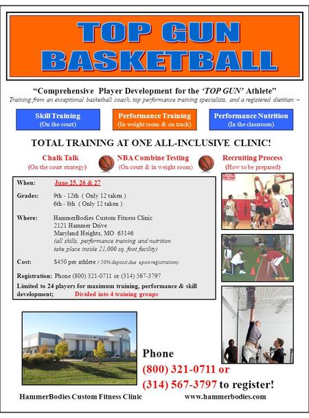 Phone (800) 321-0711 or (314) 567-3797 to register! “Comprehensive Player Development for the ‘TOP GUN’ Athlete” Training from an exceptional basketball.
