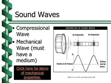 Sound Waves Compressional WaveCompressional Wave Mechanical Wave (must have a medium)Mechanical Wave (must have a medium) [http://www.ccohs.ca/images/noise1.gif]