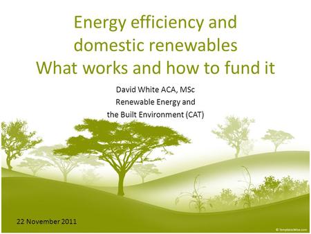 Energy efficiency and domestic renewables What works and how to fund it David White ACA, MSc Renewable Energy and the Built Environment (CAT) 22 November.