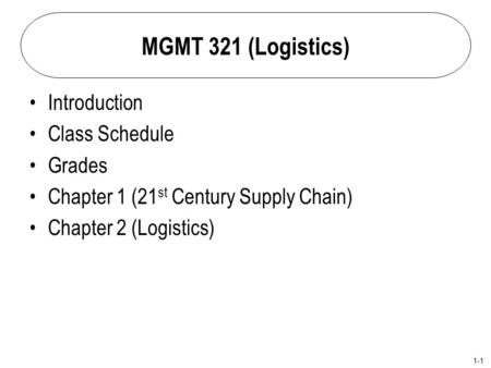 MGMT 321 (Logistics) Introduction Class Schedule Grades