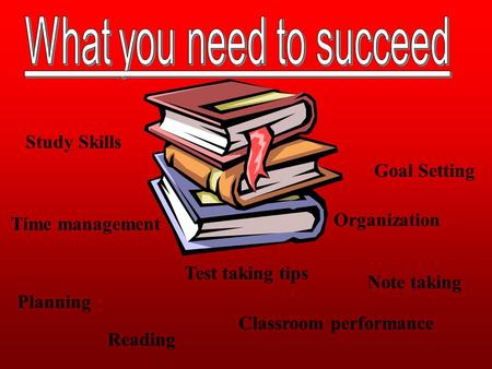 Study Skills Goal Setting Planning Organization Test taking tips Classroom performance Reading Note taking Time management.