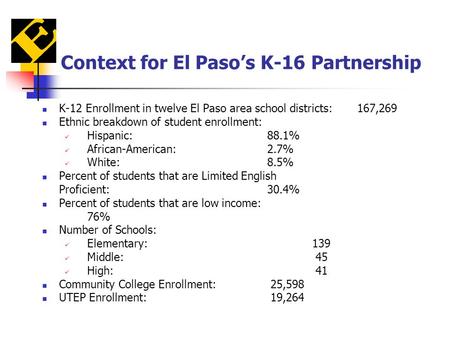 Context for El Paso’s K-16 Partnership K-12 Enrollment in twelve El Paso area school districts:167,269 Ethnic breakdown of student enrollment: Hispanic:88.1%