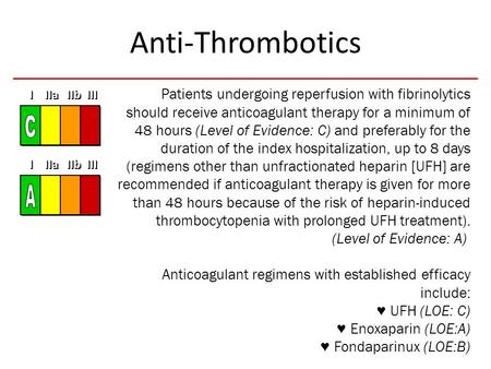 Anti-Thrombotics Patients undergoing reperfusion with fibrinolytics should receive anticoagulant therapy for a minimum of 48 hours (Level of Evidence: