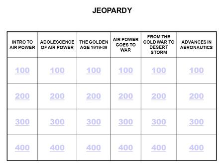 JEOPARDY INTRO TO AIR POWER ADOLESCENCE OF AIR POWER