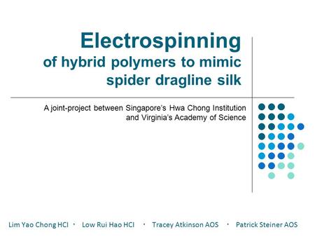 Electrospinning of hybrid polymers to mimic spider dragline silk Lim Yao Chong HCI ・ Low Rui Hao HCI ・ Tracey Atkinson AOS ・ Patrick Steiner AOS A joint-project.