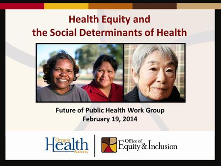 Health Equity and the Social Determinants of Health Future of Public Health Work Group February 19, 2014.