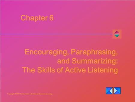 Copyright ©2007 Brooks/Cole, a division of Thomson Learning Chapter 6 Encouraging, Paraphrasing, and Summarizing: The Skills of Active Listening.