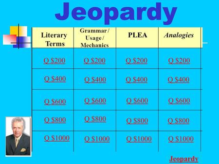 Jeopardy Literary Terms Grammar / Usage / Mechanics PLEAAnalogies Q $200 Q $400 Q $600 Q $800 Q $1000 Q $200 Q $400 Q $600 Q $800 Q $1000 Jeopardy.