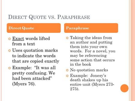 D IRECT Q UOTE VS. P ARAPHRASE Exact words lifted from a text Uses quotation marks to indicate the words that are copied exactly Example: “It was all pretty.
