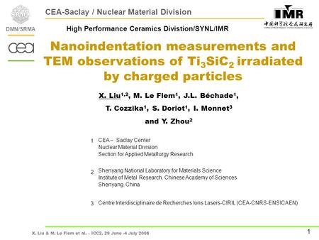 X. Liu & M. Le Flem et al. – ICC2, 29 June -4 July 2008 Primary Research on Ion Irradiation of Ti 3 SiC 2 DMN/SRMA 1 Nanoindentation measurements and TEM.