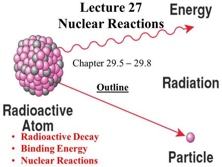 Lecture 27 Nuclear Reactions Chapter 29.5  29.8 Outline Radioactive Decay Binding Energy Nuclear Reactions.