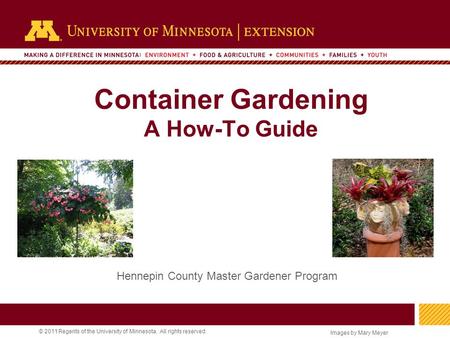 1 © 2011 Regents of the University of Minnesota. All rights reserved. 11 Container Gardening A How-To Guide Hennepin County Master Gardener Program Images.