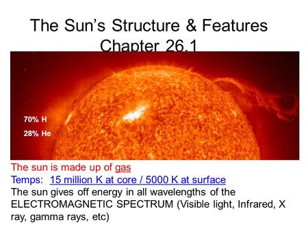 The Sun’s Structure & Features Chapter 26.1 Chapter 26.1 70% H 28% He The sun is made up of gas Temps: 15 million K at core / 5000 K at surface The sun.