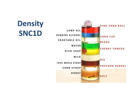 Density SNC1D. What is Density? Density is a quantitative PHYSICAL property of matter.