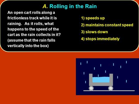 A. Rolling in the Rain An open cart rolls along a frictionless track while it is raining. As it rolls, what happens to the speed of the cart as the rain.