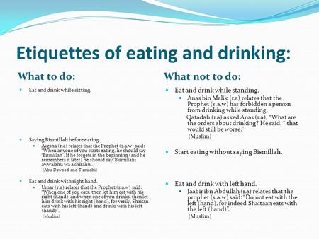 Etiquettes of eating and drinking: What to do: What not to do: Eat and drink while sitting. Saying Bismillah before eating. Ayesha (r.a) relates that the.