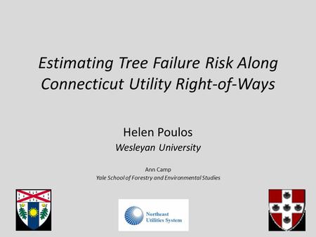 Estimating Tree Failure Risk Along Connecticut Utility Right-of-Ways Helen Poulos Wesleyan University Ann Camp Yale School of Forestry and Environmental.